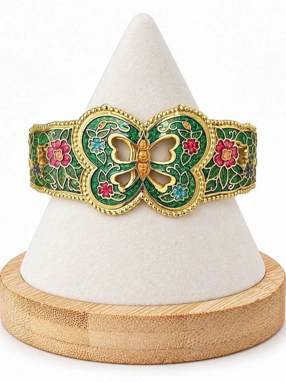 Cloisonne Butterfly Floral Hinged Bangle Bracelet Gold Tone Boho Statement